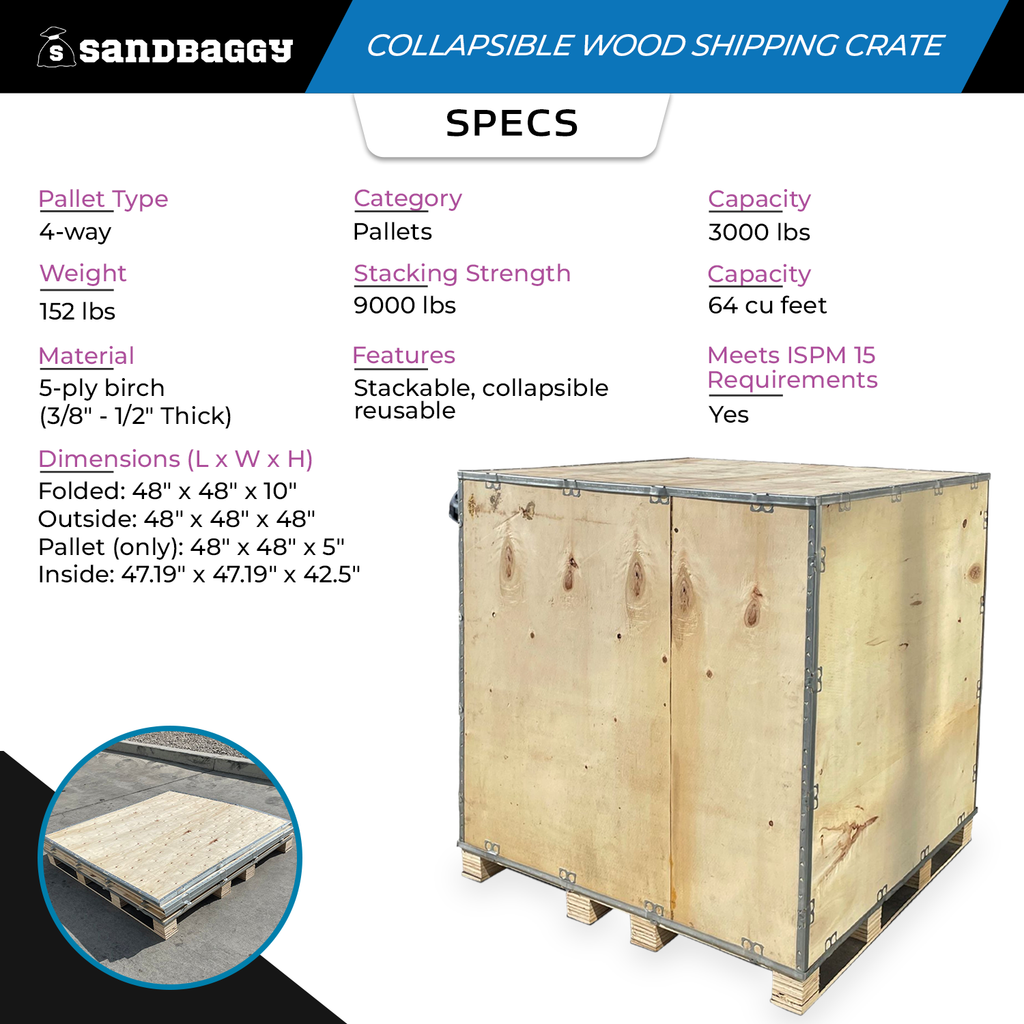Collapsible Wood Shipping Crate with Pallet (48" x 48" x 48") - 64 cu ft