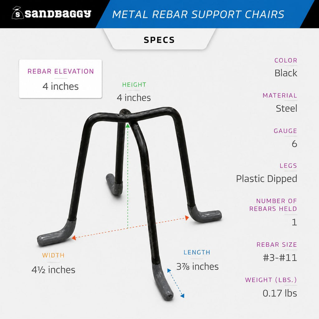 4" Metal Rebar Support Chairs - Plastic Dipped Legs - Rebar #3 to #11