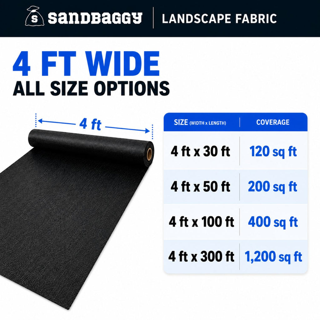 48" wide weed barrier fabric rolls - available in lengths 30 ft, 50 ft, 100 ft, 300 ft