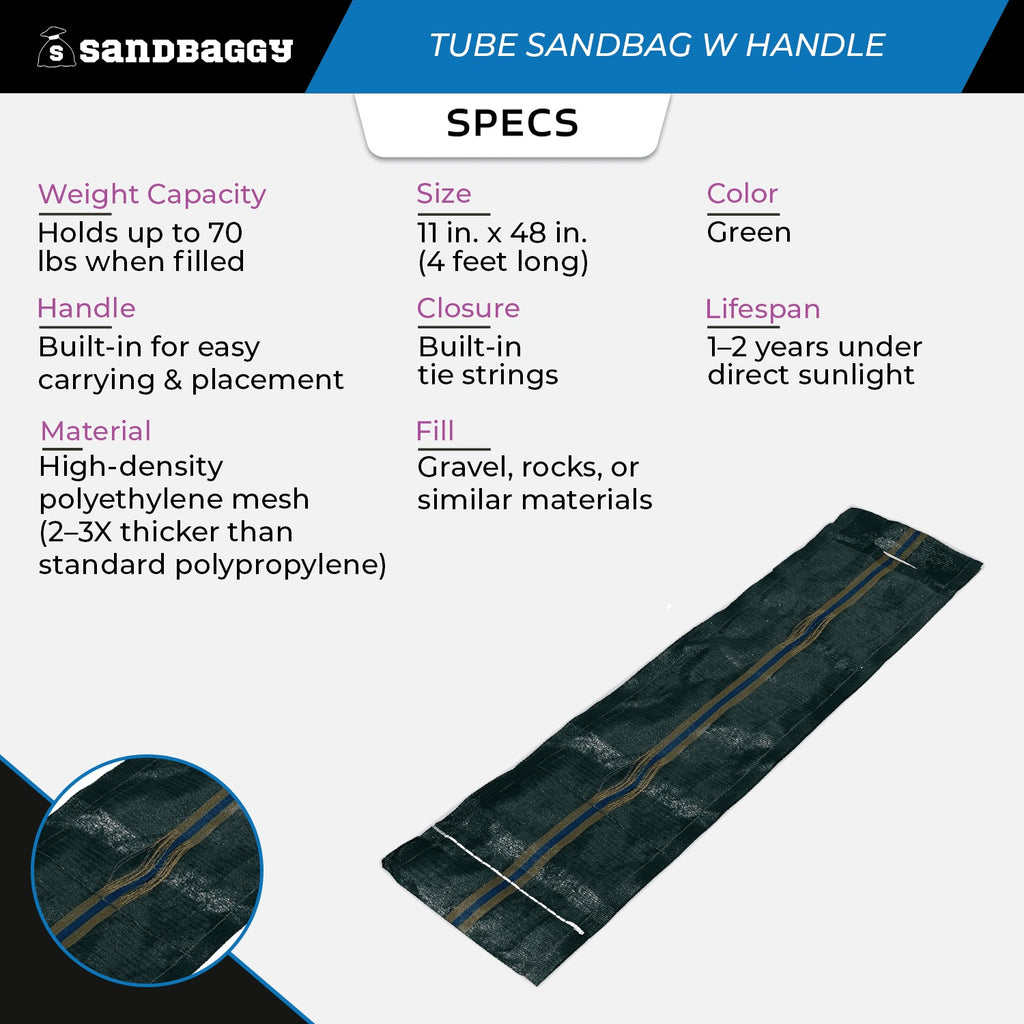 Long Tube Sandbags with Handle - 4 ft length (Lasts 1-2 Yrs) - 70 lb Capacity