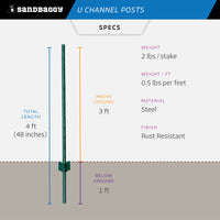 4 ft U Channel Posts for Fences & Signs - Studded Steel, Green