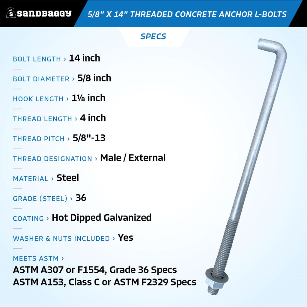 5/8" x 14" threaded concrete anchor bolts - L Bolt - Specs