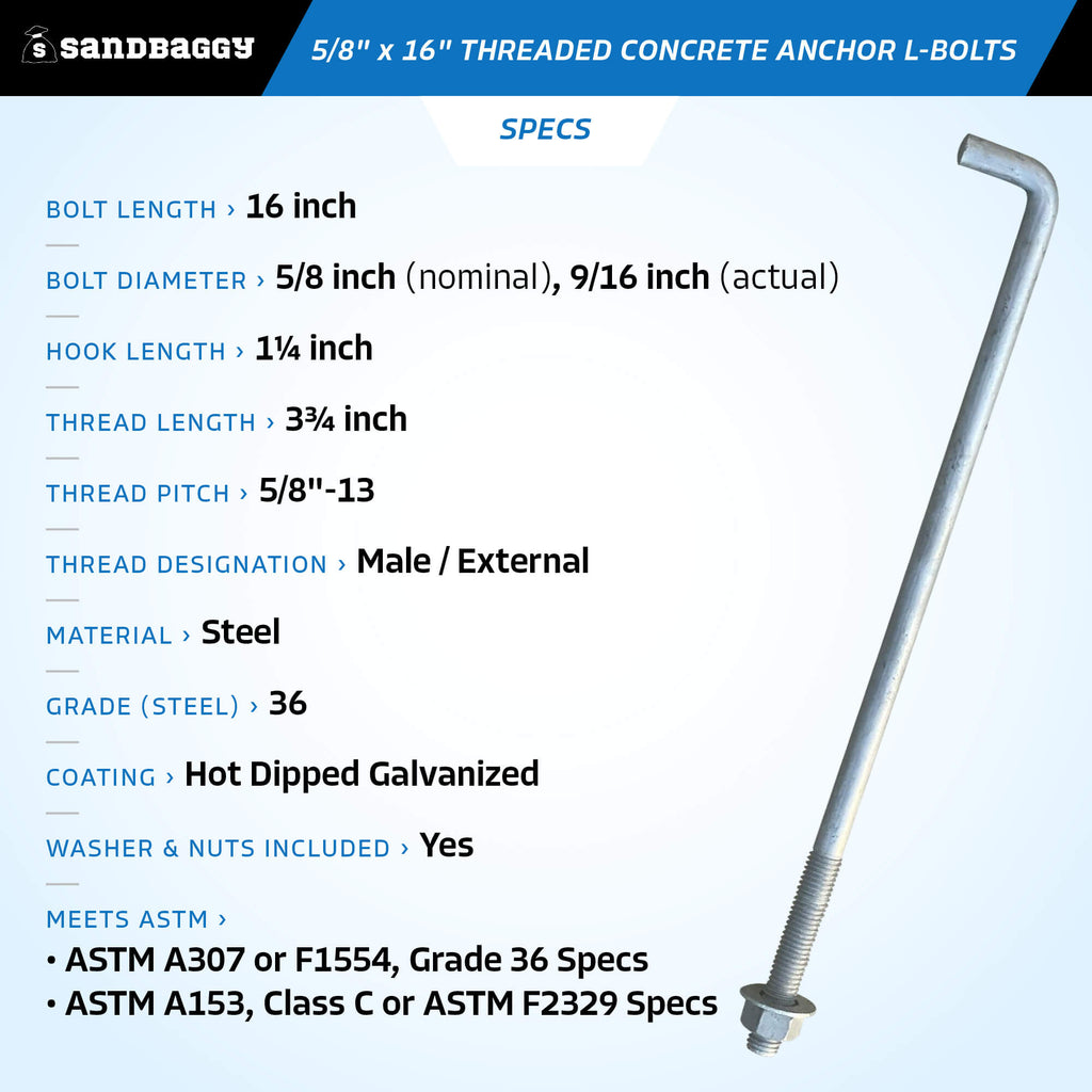 5/8" x 16" concrete anchor bolts - specs