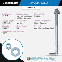 5/8" x 10" Threaded Concrete Anchor L-Bolts (Nuts & Washers Included) - Galvanized