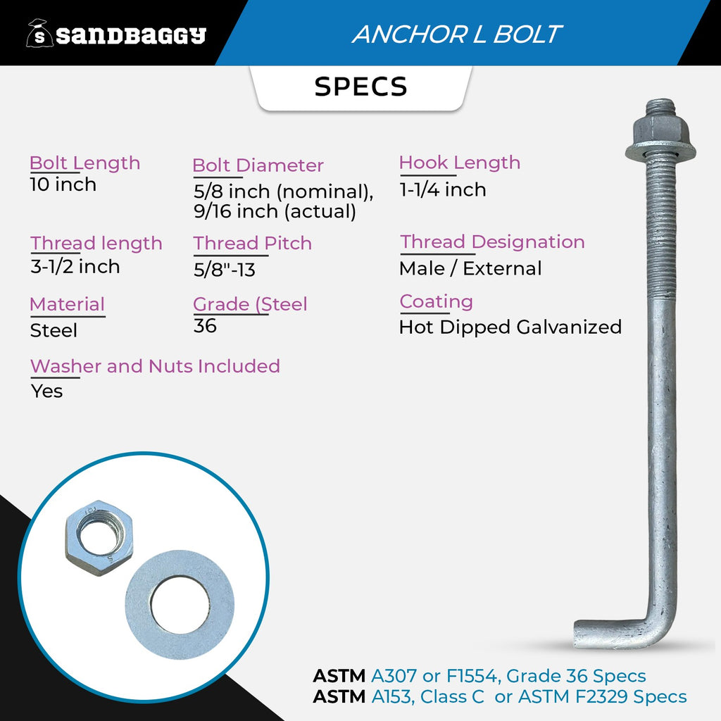 5/8" x 10" Threaded Concrete Anchor L-Bolts (Nuts & Washers Included) - Galvanized