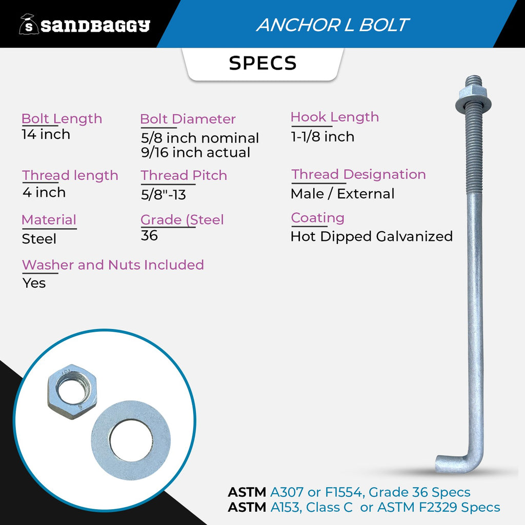 5/8" x 14" Threaded Concrete Anchor L-Bolts (Nuts & Washers Included) - Galvanized