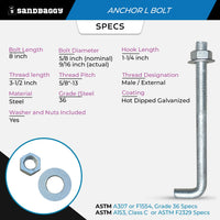 5/8" x 8" Threaded Concrete Anchor L-Bolts (Nuts & Washers Included) - Galvanized