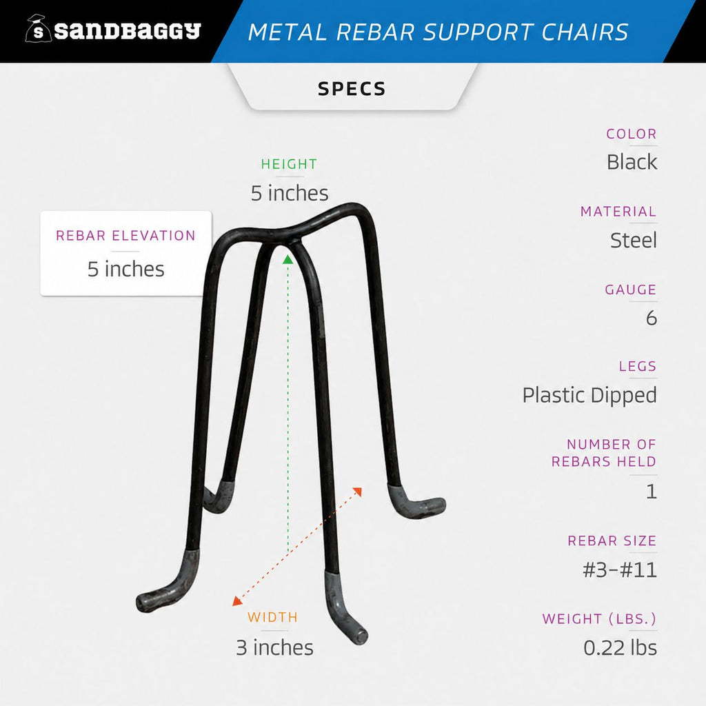 5" Metal Rebar Support Chairs - Plastic Dipped Legs - Rebar #3 to #11