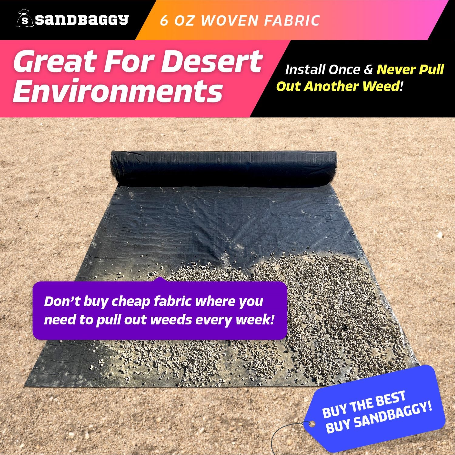 6 ft Heavy Duty Landscape Fabric + 1 Yr Weed Free Warranty – Sandbaggy