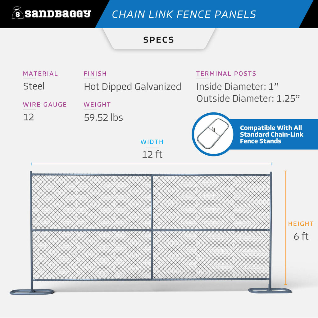 6 ft x 12 ft Chain Link Fence Panel - Specs