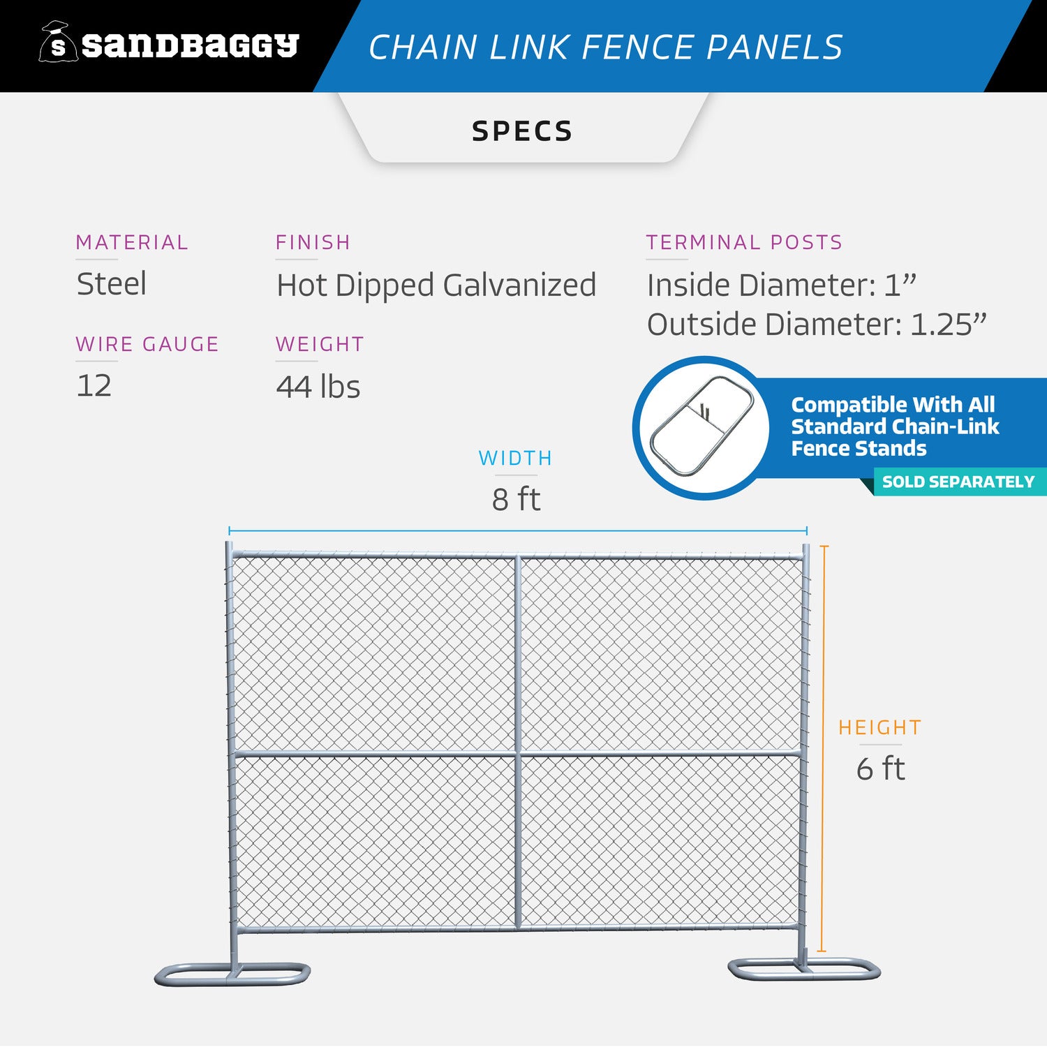 6 ft x 8 ft Temporary Chain Link Fence Panel (Galvanized) - 200 Pcs - Each Rest of USA (Markup)