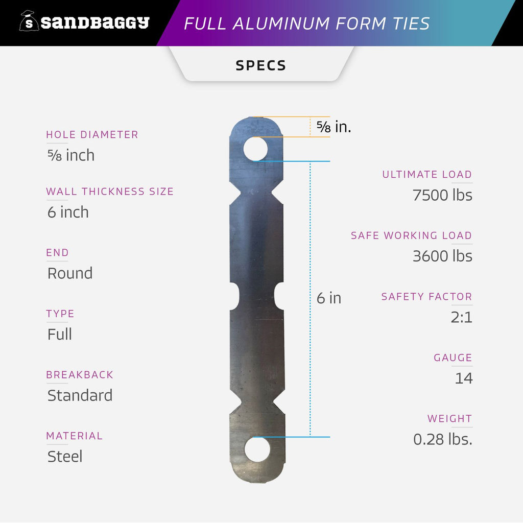 6 inch aluminum form ties specs