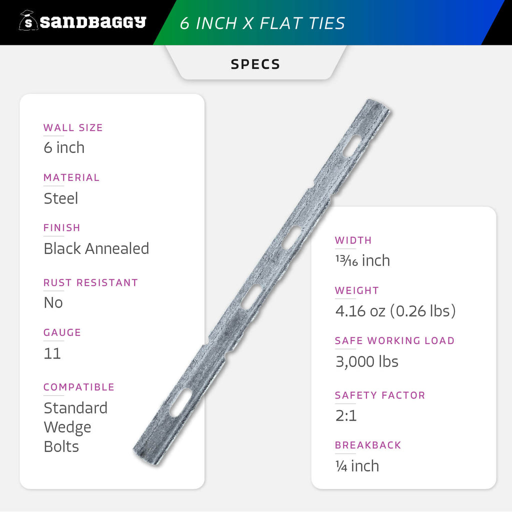 6 inch x flat ties for concrete forms Specs