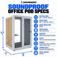 Sandbaggy 60 x 60 x 90 inch office phone booth dimensions showing spacious interior and exterior measurements