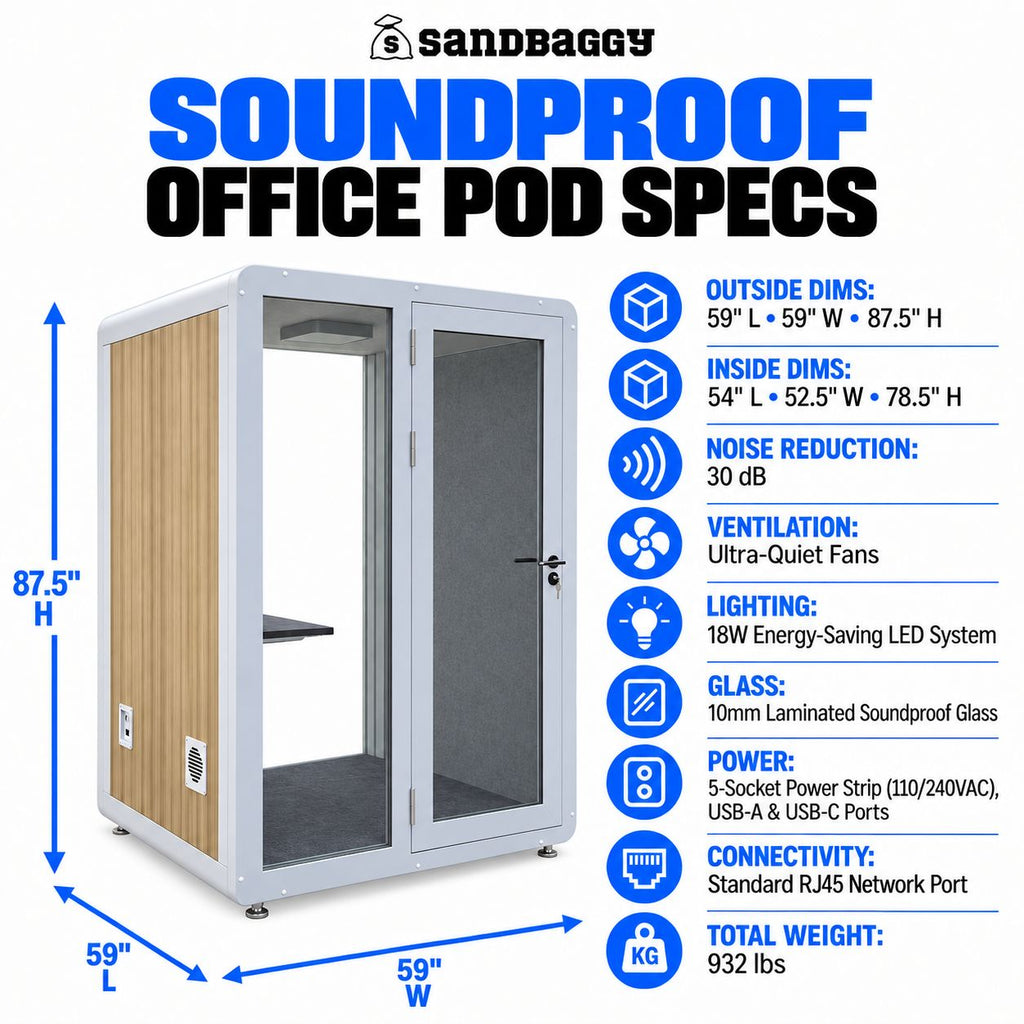 Sandbaggy 60 x 60 x 90 inch office phone booth dimensions showing spacious interior and exterior measurements