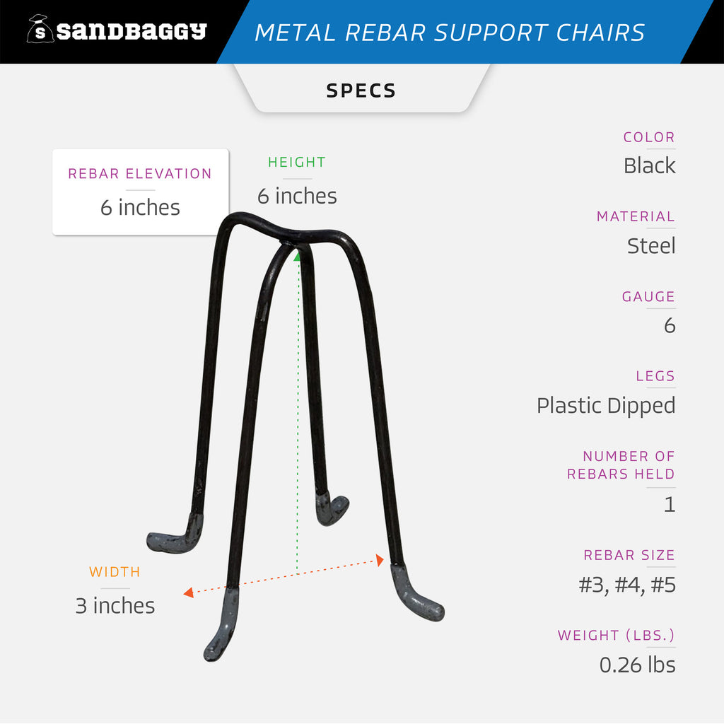 6" Metal Rebar Support Chairs - Plastic Dipped Legs - Rebar #3 to #5