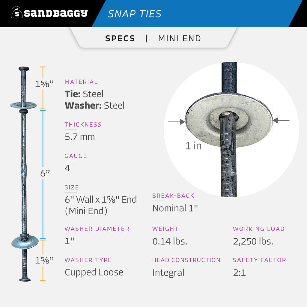 6" x 1 ⅝" Standard Snap Ties For Concrete Forms - 1" Cupped Loose Washer