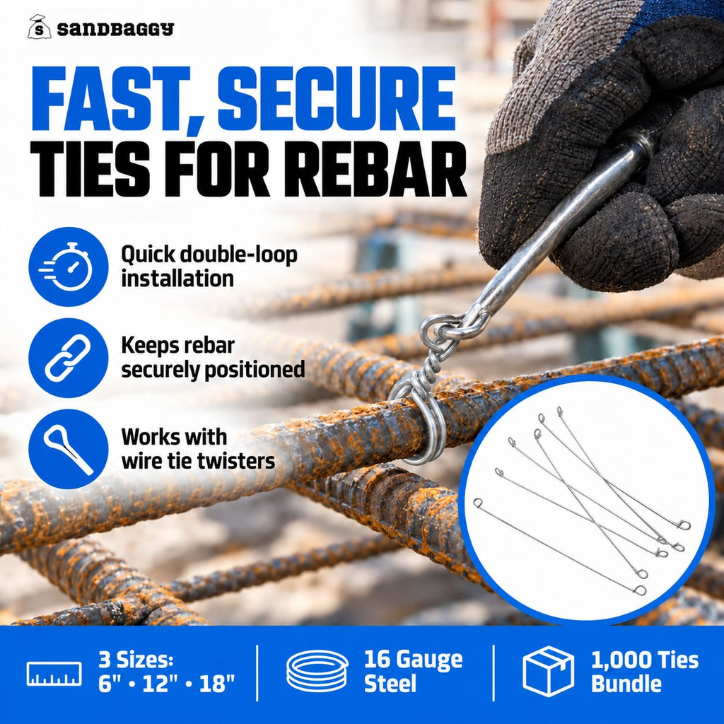 Galvanized double loop wire ties for fast, secure rebar tying.