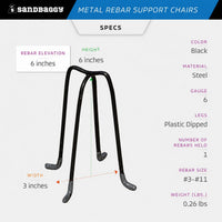 6" Metal Rebar Support Chairs - Plastic Dipped Legs - Rebar #3 to #11