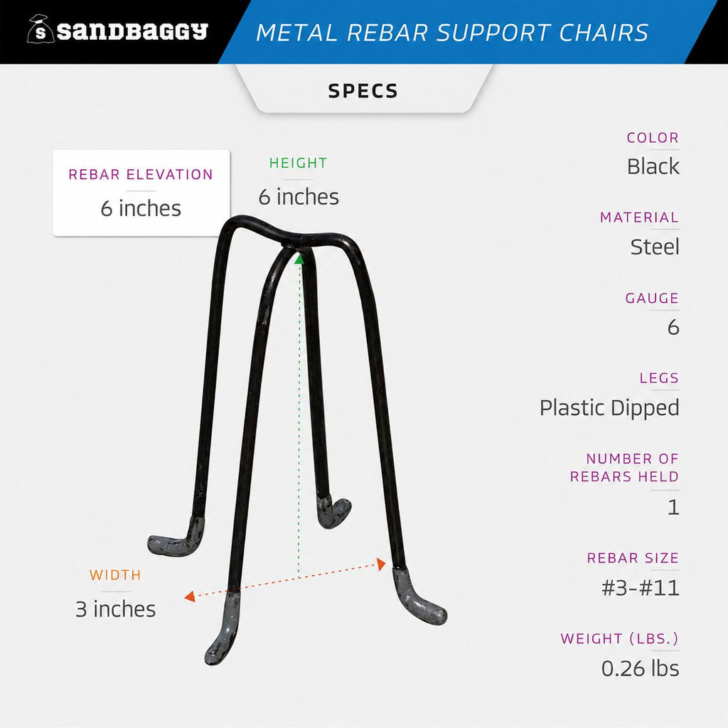 6" Metal Rebar Support Chairs - Plastic Dipped Legs - Rebar #3 to #11