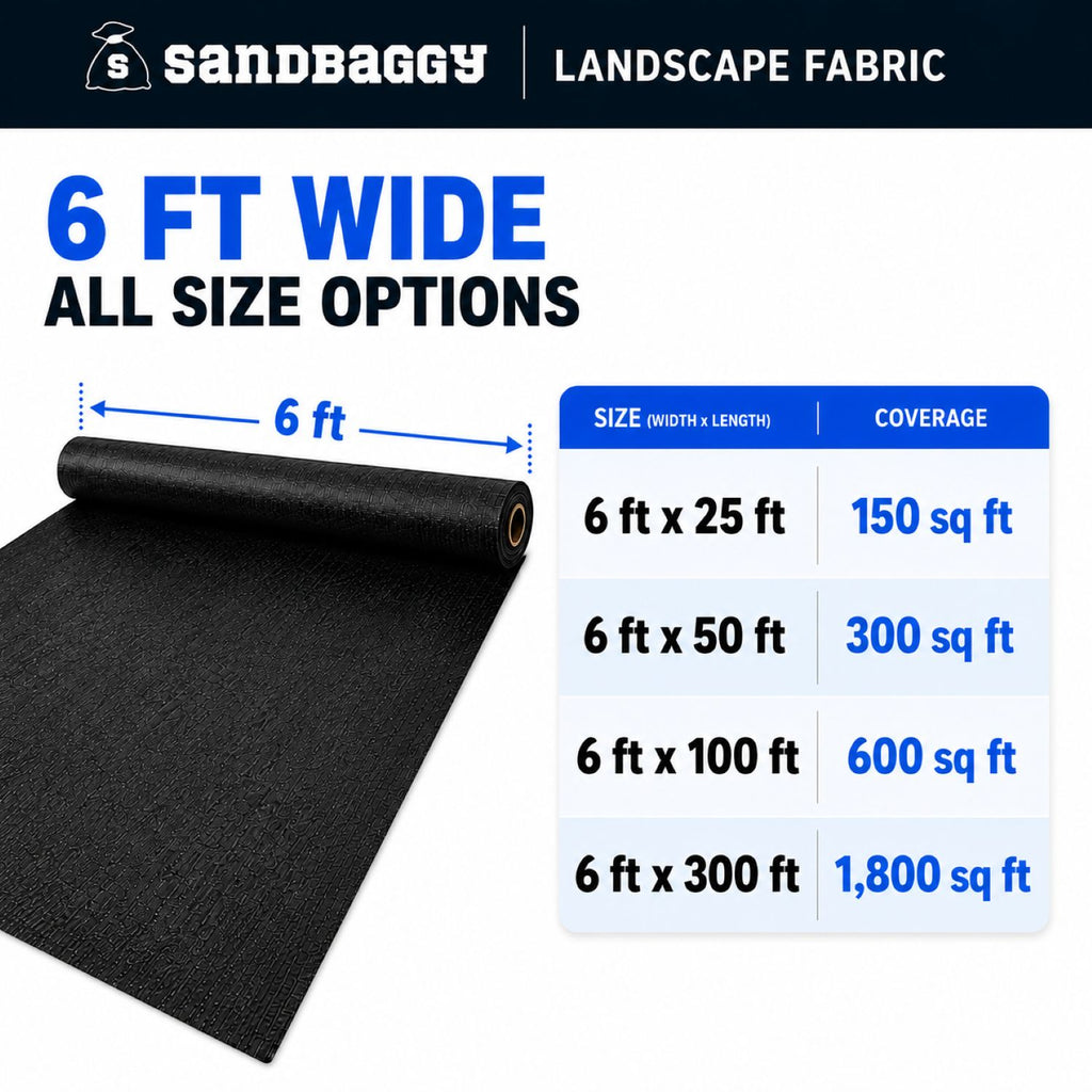 6 ft wide weed barrier fabric roll - available lengths 25 ft, 50 ft, 100 ft, 300 ft