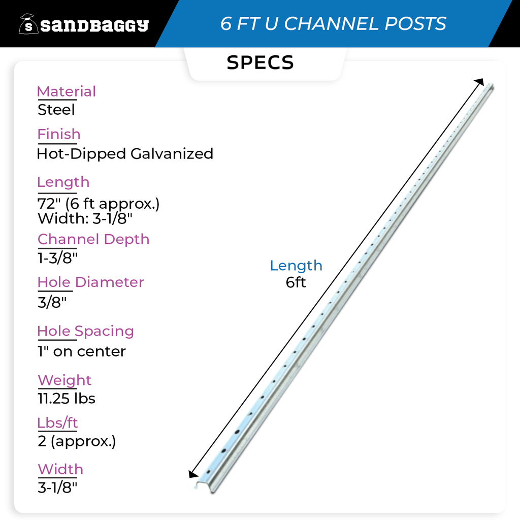 6 ft Steel U Channel Sign Post - Galvanized