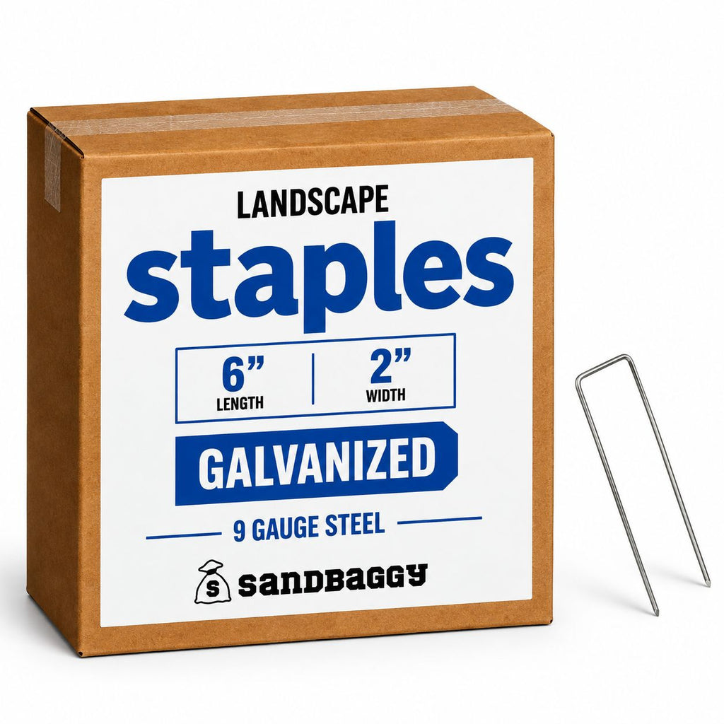 6 inch x 2 inch wide landscape staples made from heavy duty 9 gauge galvanized steel