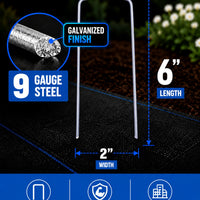 6 inch x 2 inch wide landscape staples made from heavy duty 9 gauge galvanized steel