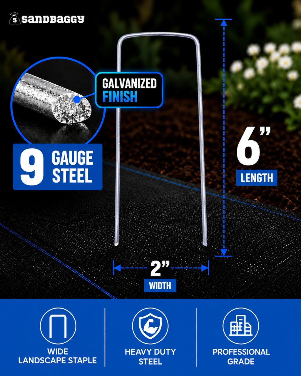 6 inch x 2 inch wide landscape staples made from heavy duty 9 gauge galvanized steel