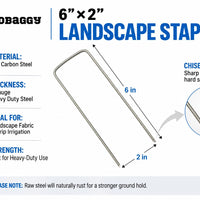 6 inch x 2 inch wide landscape staples made from heavy duty 9 gauge galvanized steel