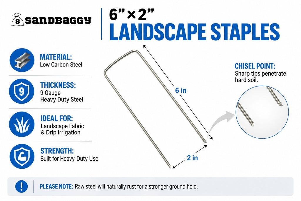 6 inch x 2 inch wide landscape staples made from heavy duty 9 gauge galvanized steel