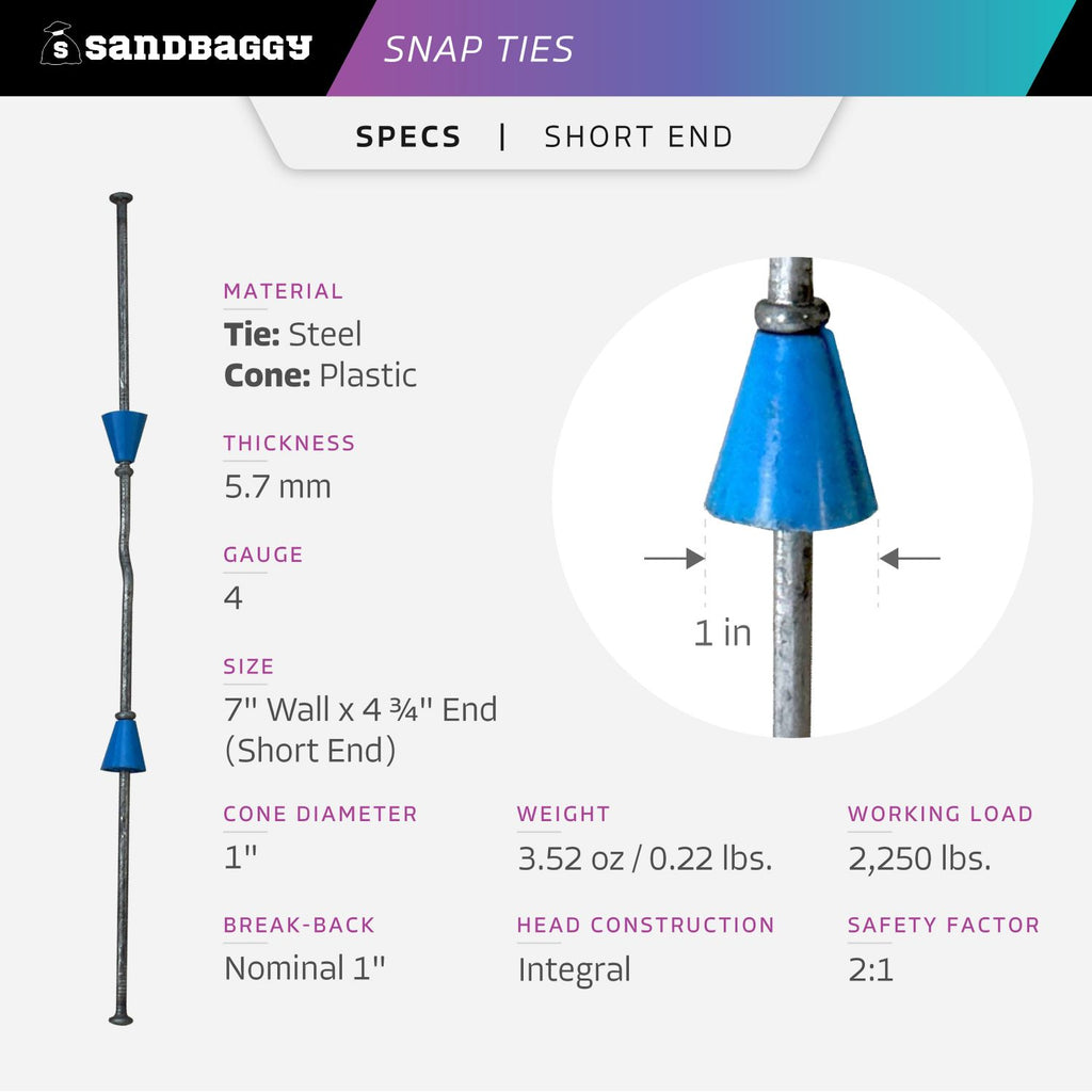 7" short end snap ties specs