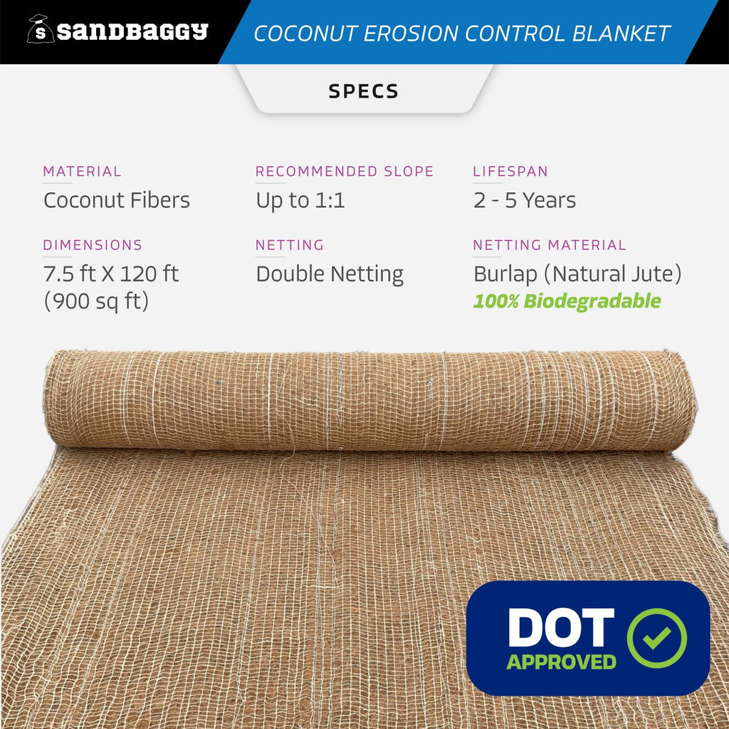 Coconut Blanket - Erosion Control (Biodegradable) - Steep Slopes (1:1) - Lasts 2-5 yr (7.5 ft x 120 ft)