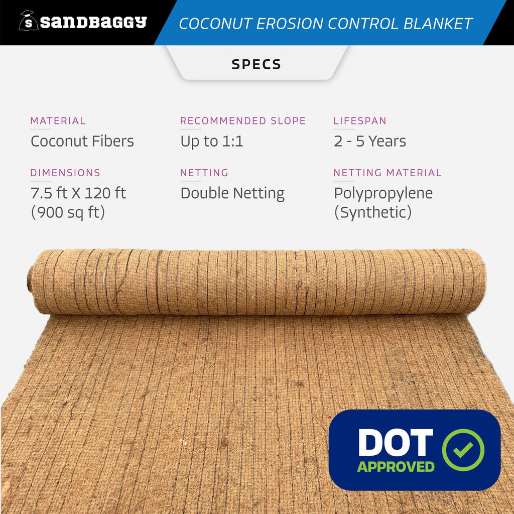 Coconut Blanket - Erosion Control (Biodegradable) - Steep Slopes (1:1) - Lasts 2-5 yr (7.5 ft x 120 ft)