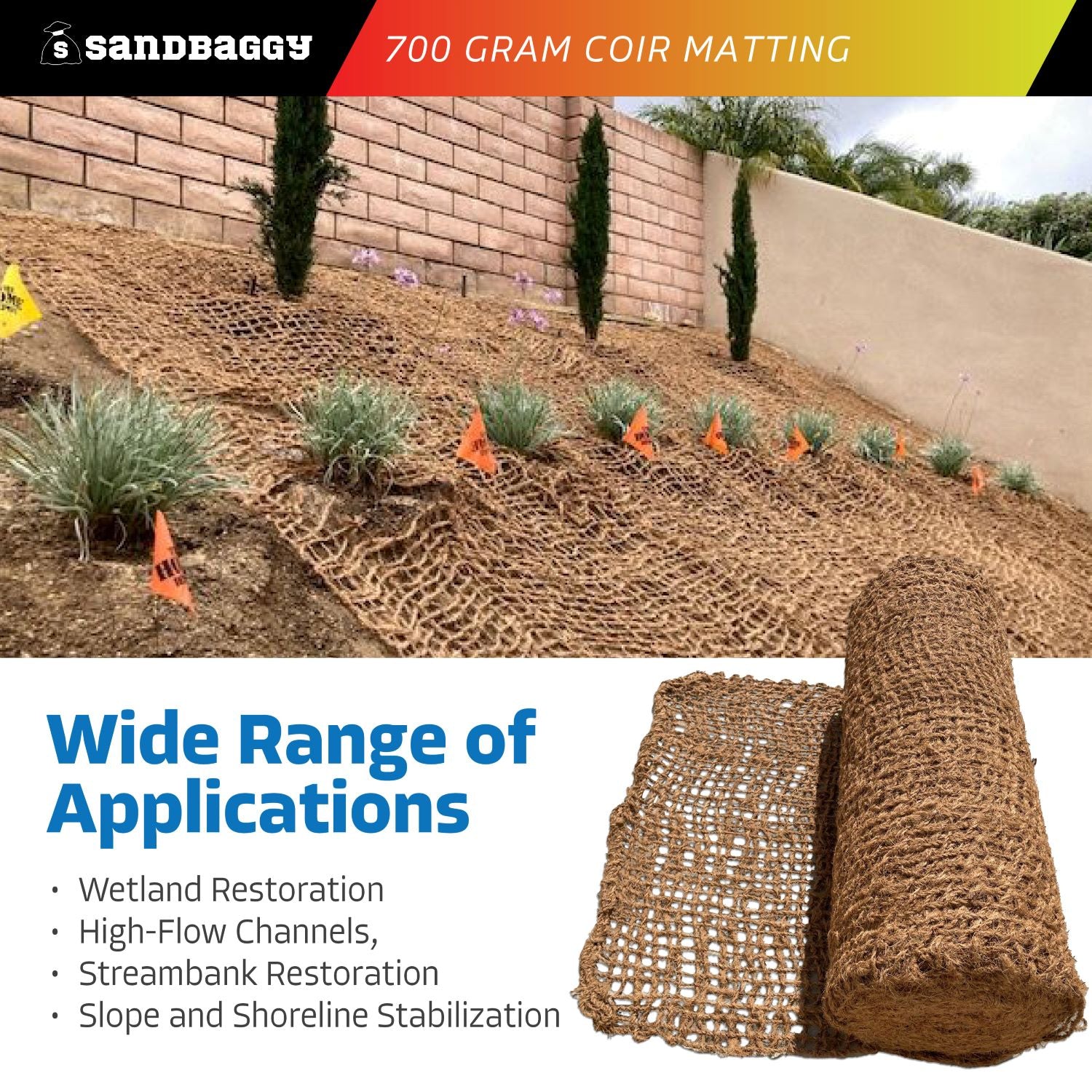 Sandbaggy Coir Erosion Control Blanket - 4ft X 165ft, Coconut Fiber Matting, Lasts 2-5 Years