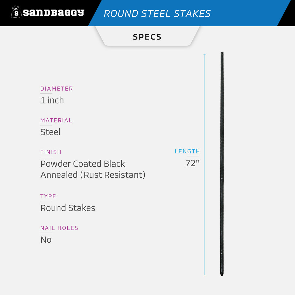 72" Round Steel Concrete Form Stakes - No Nail Holes - 1" Diameter