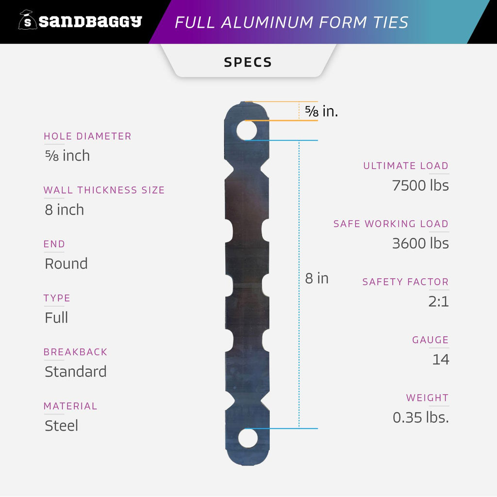 8 inch aluminum form ties specs