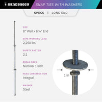 8" Long End Snap Ties with 1" Flat Steel Washer SPECS