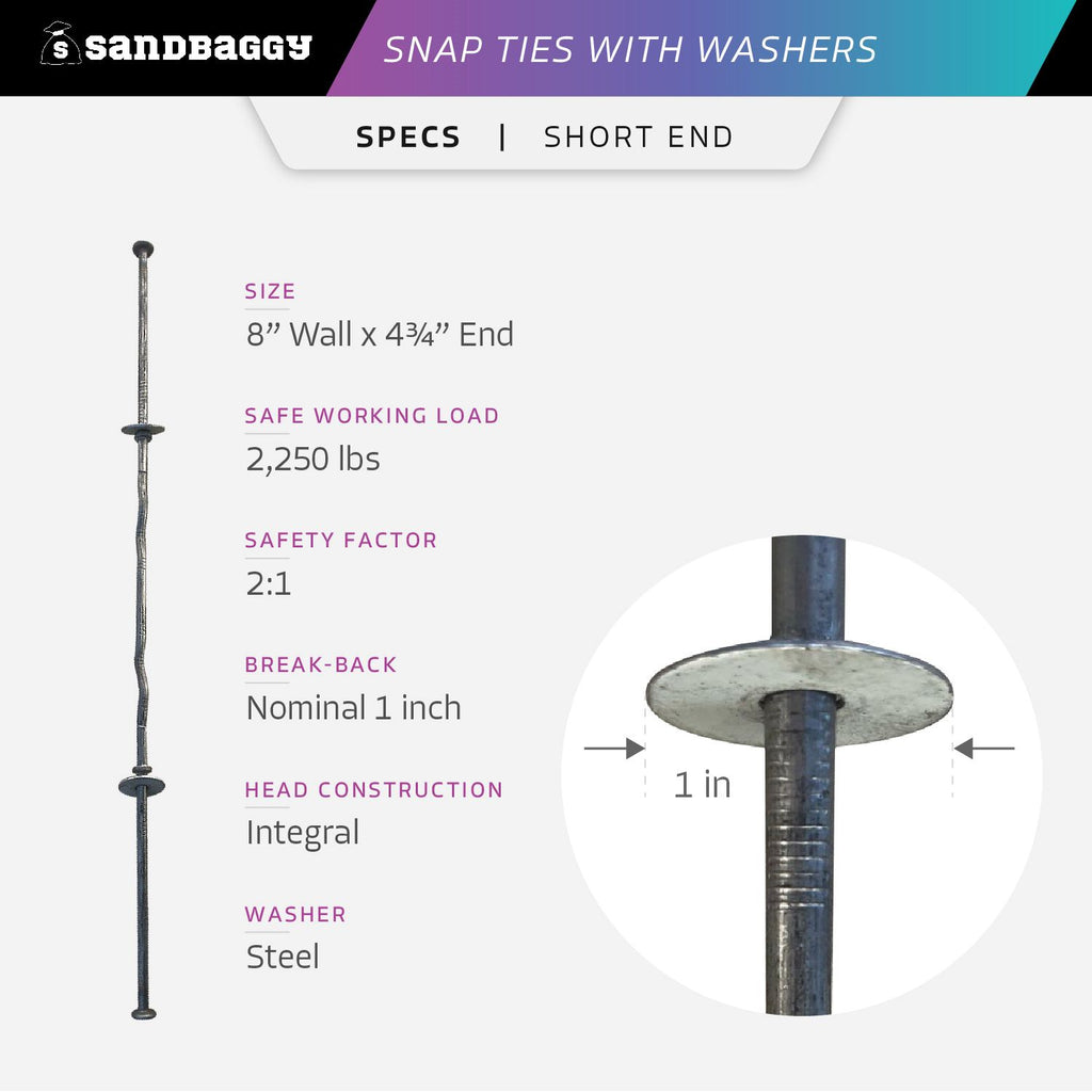 8" Short End Snap Ties With Washer SPECS