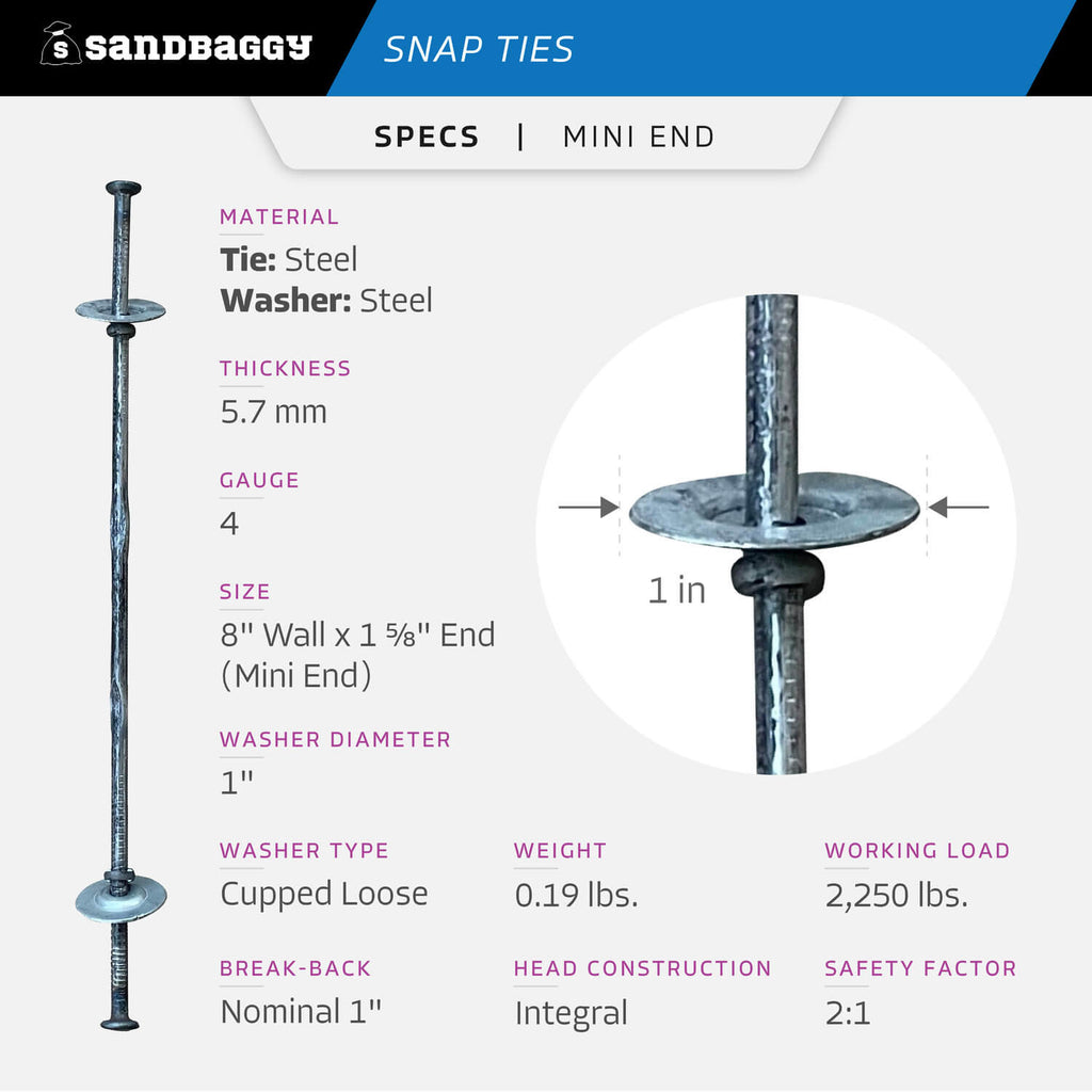 8" x 1-5/8 snap ties with cupped loose washer - Specs