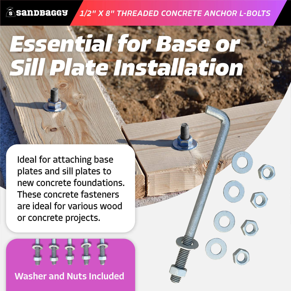 1/2 x 8 concrete anchor bolts for sill plate installation - washer and nuts included