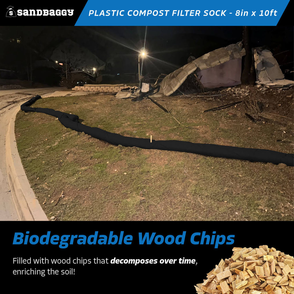 plastic compost filter sock - wood chips