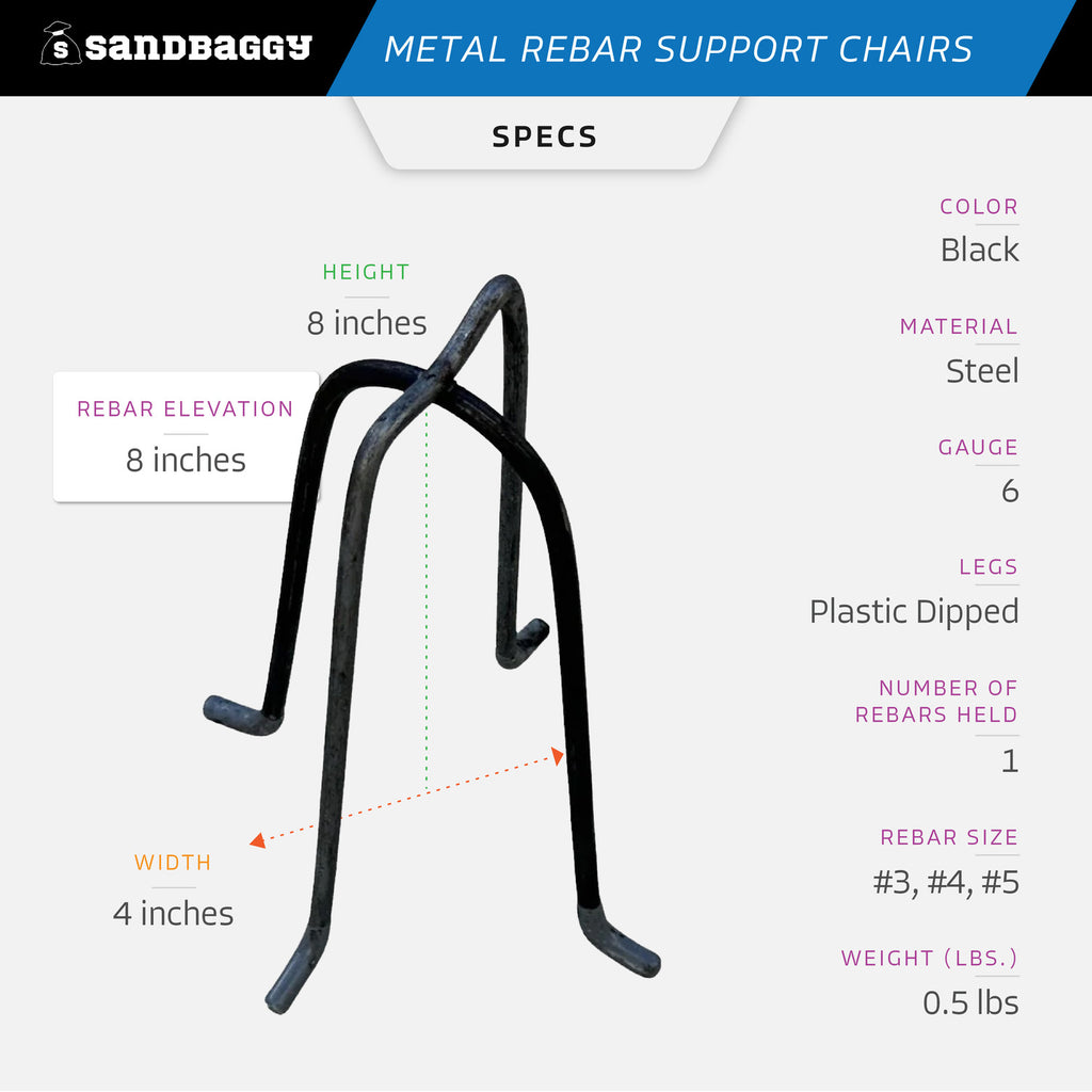 8" Metal Rebar Support Chairs - Plastic Dipped Legs - Rebar #3 to #5
