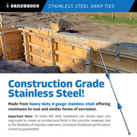 8" x 4 ¾" Stainless Steel Snap Ties For Concrete Forms (Short End) - 1" Plastic Cones