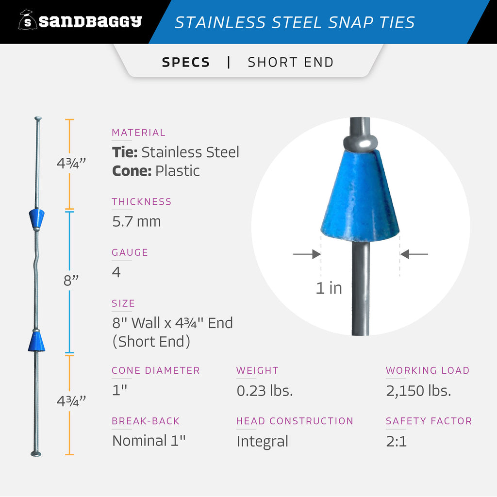 8" x 4 ¾" Stainless Steel Snap Ties For Concrete Forms (Short End) - 1" Plastic Cones