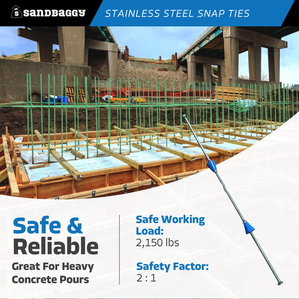 8" x 4 ¾" Stainless Steel Snap Ties For Concrete Forms (Short End) - 1" Plastic Cones