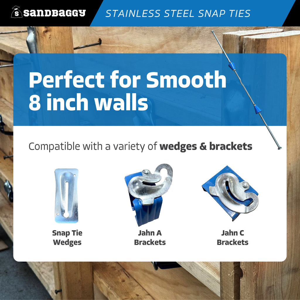 8" x 4 ¾" Stainless Steel Snap Ties For Concrete Forms (Short End) - 1" Plastic Cones