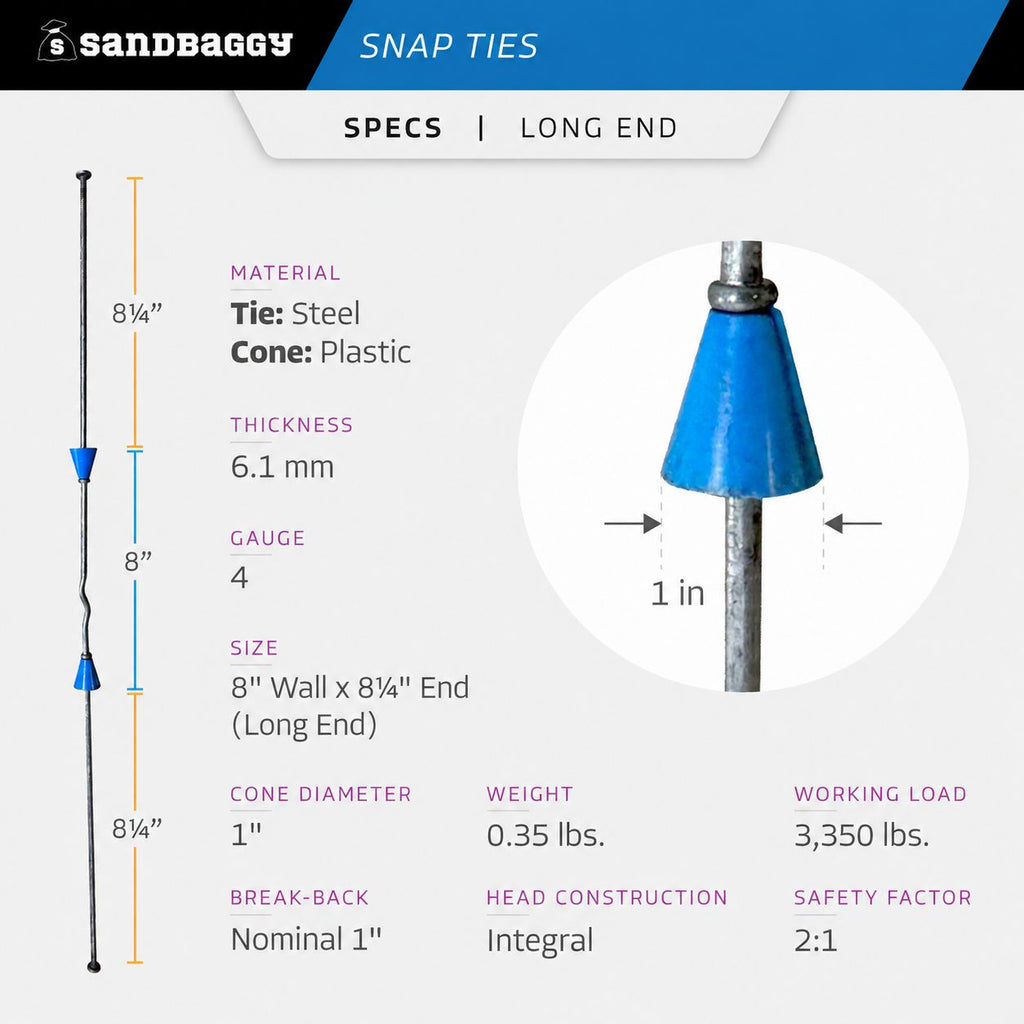 8 inch heavy duty snap ties long end - specs