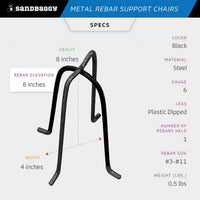 8" Metal Rebar Support Chairs - Plastic Dipped Legs - Rebar #3 to #11