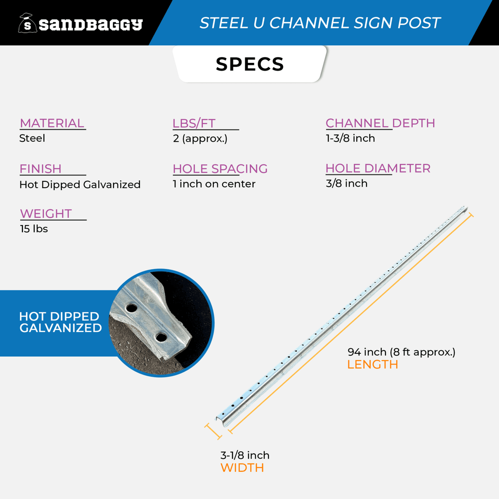 u channel sign post, 8 ft - specs